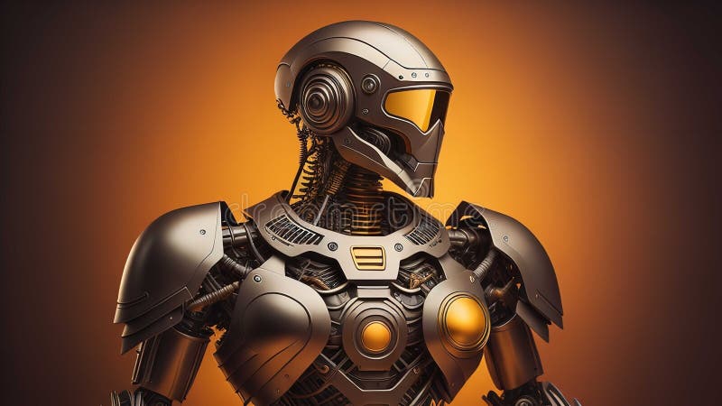 Ein Roboter mit Helm und Rüstung, isoliert auf orangefarbenem Hintergrund. generative Hilfe lizenzfreie abbildung