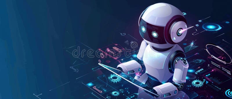 Ein Roboter sitzt vor einem Laptop-Computer mit einem generierten Bild stock abbildung