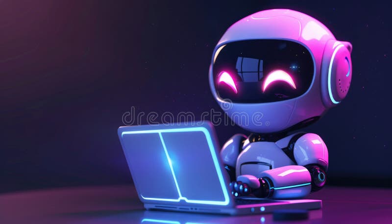 Ein Roboter sitzt vor einem Laptop-Computer mit einem generierten Bild stock abbildung