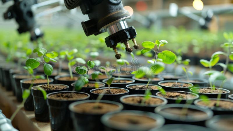 Ein Roboterarm, der sanft zarte Setzlinge mit unglaublicher Genauigkeit in die dafür vorgesehenen Töpfe pflanzt lizenzfreie stockbilder
