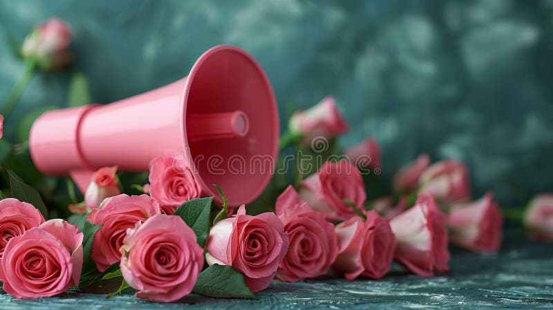 Ein rosa Megaphon, umgeben von Rosen, feminin und kühner Klangverstärkung stockbild