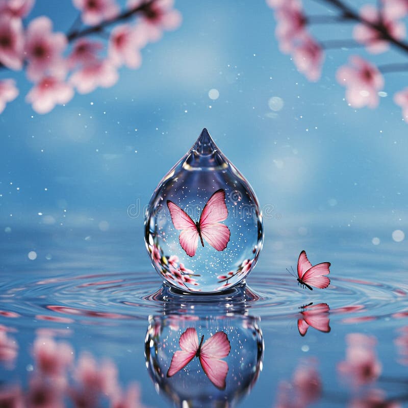 Ein rosa Schmetterling wird in einem transparenten Wassertropfen auf einem vektor abbildung