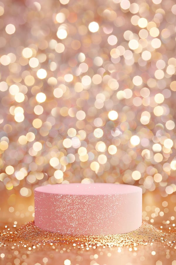 A pink pedestal with a gold background and glittery dust. The background is filled with small, blurry circles that create a sense of movement and energy. The pedestal is the main focus of the image AI generated. A pink pedestal with a gold background and glittery dust. The background is filled with small, blurry circles that create a sense of movement and energy. The pedestal is the main focus of the image AI generated