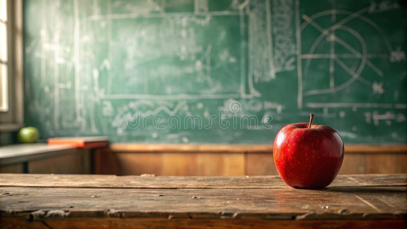 Ein roter Apfel ruht auf einem rustikalen Holzschreibtisch vor einer Tafel mit Gleichungen und Diagrammen. Generative AI lizenzfreie abbildung