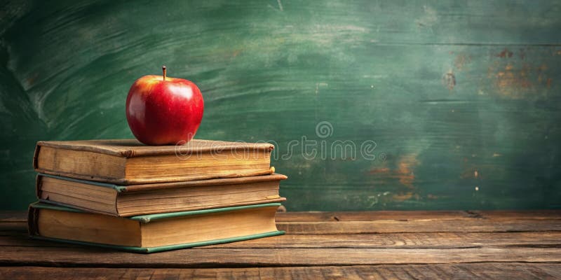 Ein roter Apfel ruht auf einem Stapel älterer Bücher vor einer rustikalen grünen Kulisse. Generative AI lizenzfreie abbildung
