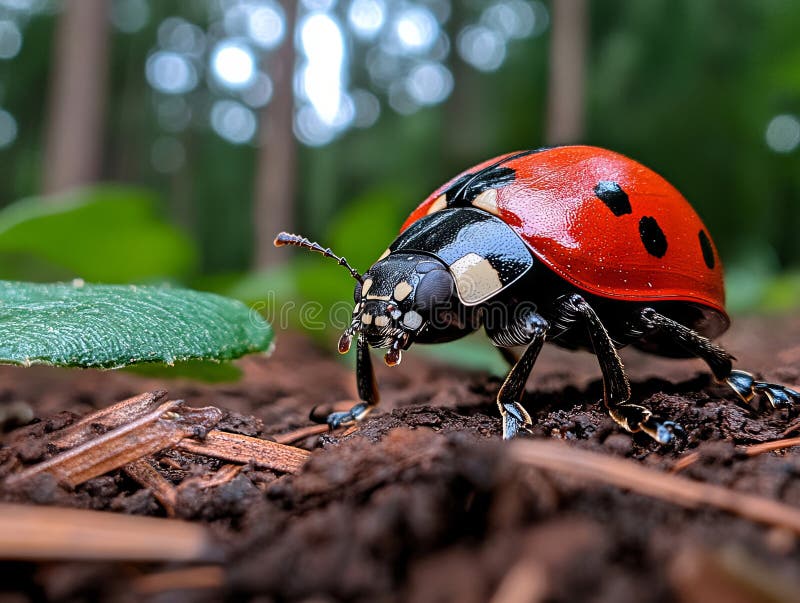 Ein roter und schwarzer Dornbug krabbelt auf dem Boden im Wald lizenzfreie stockfotos