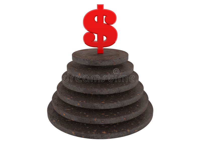 Ein rotes Dollarzeichen an der Spitze einer rostigen Metallpyramide auf Weiß auf einem weißen Hintergrund
