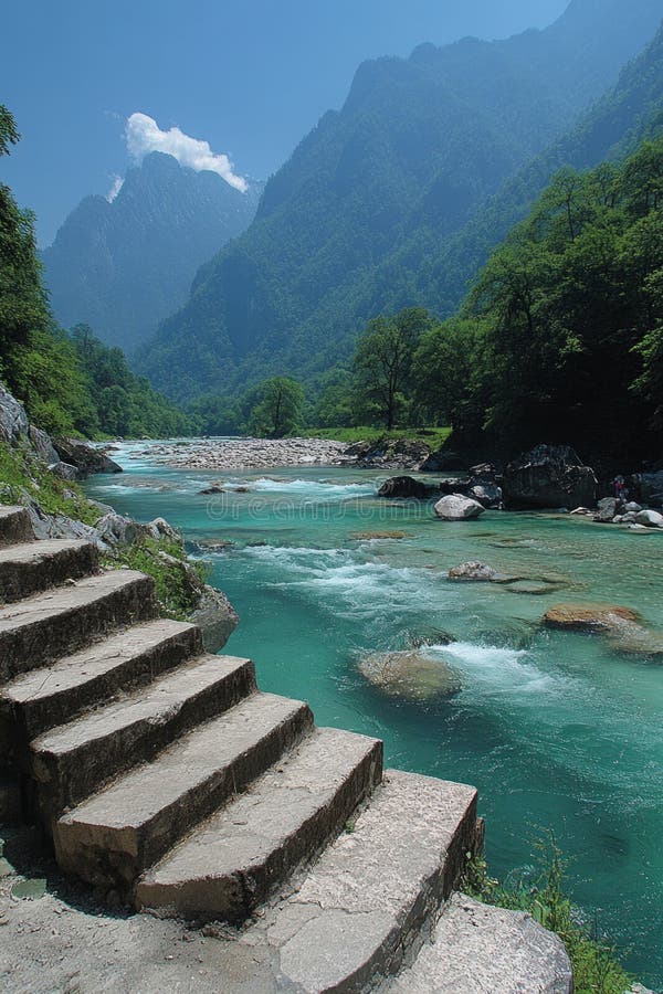 Ein ruhiger Fluss, der durch ein grünes Tal führt, mit Steintreppen, die die Besucher zum lebhaften türkisfarbenen Wasser führen lizenzfreie stockfotografie