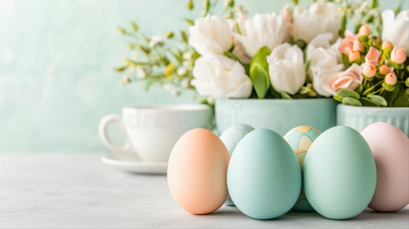 Ein ruhiger Osterbrunch-Tisch mit pastellfarbenen Eiern, eine weiße Kaffeetasse und eine schöne Vase aus Weiß und Weiß. stockfotos