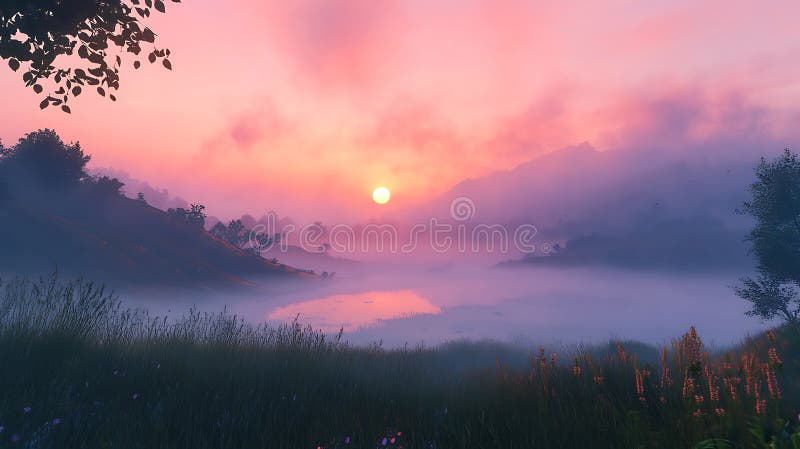 Ein ruhiger Sonnenaufgang über einem Nebeltal. vektor abbildung