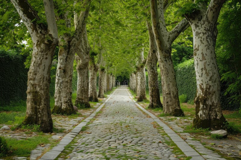 A tranquil pathway lined with graceful trees and cobblestones, inviting you to take a peaceful stroll, A cobbled pathway flanked by towering sycamore trees in a park, AI Generated. A tranquil pathway lined with graceful trees and cobblestones, inviting you to take a peaceful stroll, A cobbled pathway flanked by towering sycamore trees in a park, AI Generated