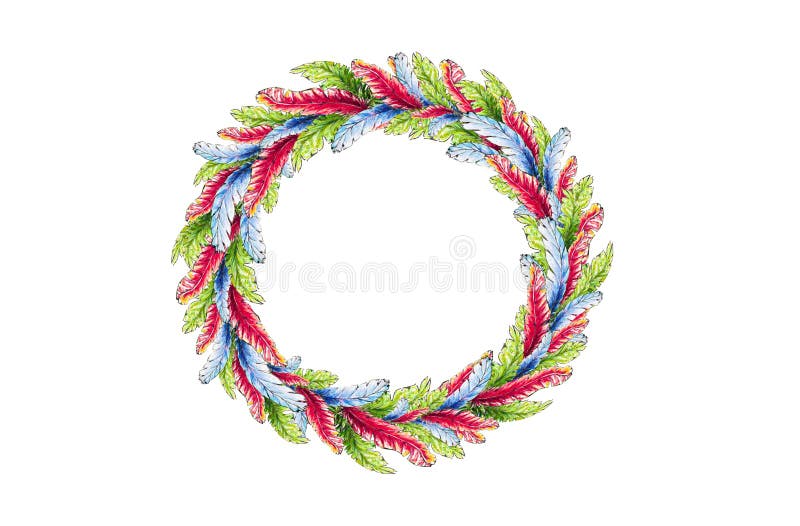 Ein runder Kranz von hellen Federn von rot-blauen und grünen Farben im Aquarell vektor abbildung Ein runder Kranz von hellen Federn von rot-blauen und grünen Farben im Aquarell vektor abbildung