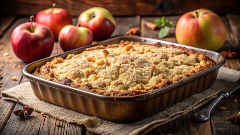 Ein rustikaler Apfel zerbröckelt in einem braunen Backgericht umgeben von frischen Äpfeln und Herbstwürzen. Generative AI vektor abbildung