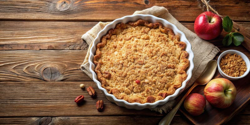 Ein rustikaler Apfel zerbröckelt in einer weißen Backform, umgeben von frischen Äpfeln und Krümel auf einem Holztisch. Generative vektor abbildung