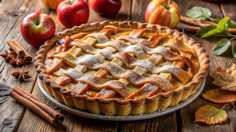 Ein rustikaler Apfelkuchen mit Gitterkruste aus Zuckerpulver, umgeben von frischen Äpfeln und Herbstwürzen. Generative AI lizenzfreie abbildung