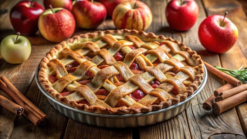 Ein rustikaler Apfelkuchen mit Gitterkruste, gebacken bis goldene Perfektion und umgeben von frischen Äpfeln und Zimtstangen. gene stock abbildung