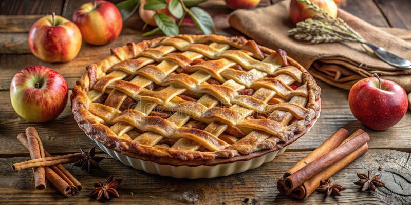 Ein rustikaler Apfelkuchen mit Zimt und Sternanis, gebacken mit goldener Perfektion auf einem Holztisch. Generative AI vektor abbildung