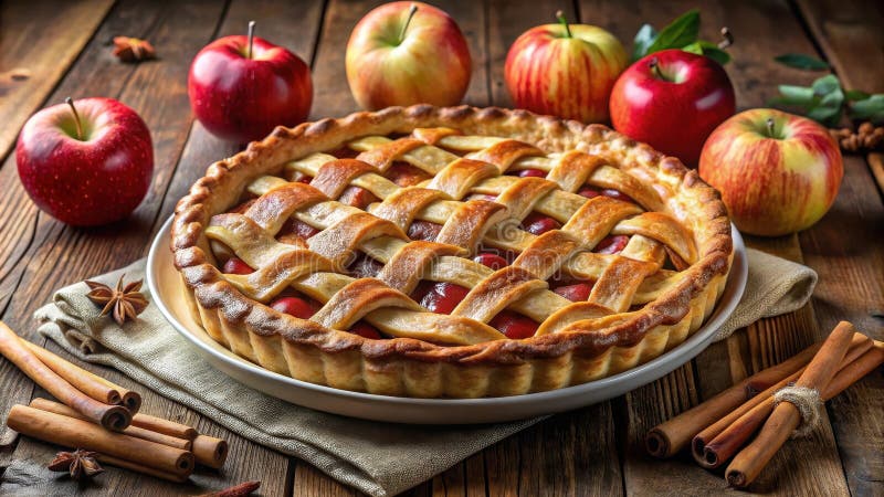 Ein rustikaler, hausgemachter Apfelkuchen mit Gitterkruste, gebacken in goldener Perfektion und umgeben von frischen Äpfeln und Zi lizenzfreie abbildung