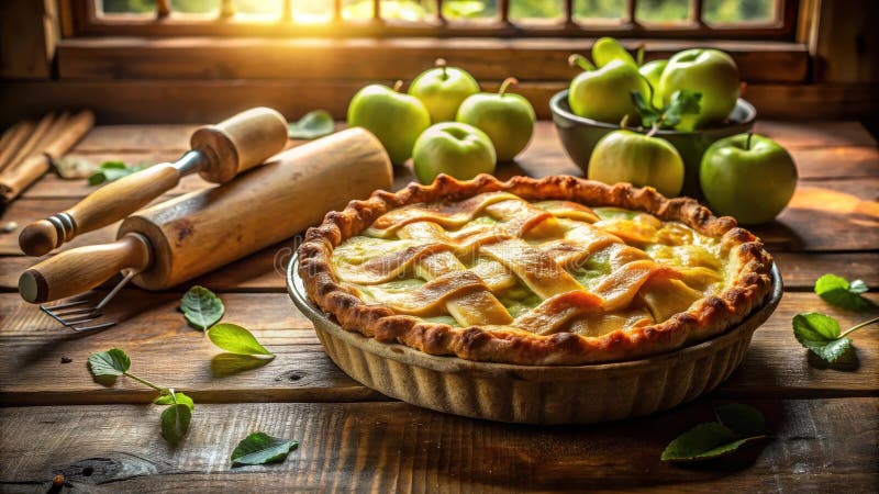 Ein rustikaler, hausgemachter Apfelkuchen mit goldener Kruste und frischen Äpfeln auf einem Holztisch. Generative AI stock abbildung