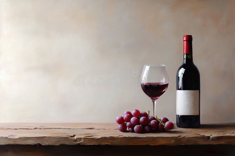 Ein rustikaler Holztisch zeigt neben einem Glas eine Flasche Rotwein und eine Flasche frische Pflücken. Die stockfotos