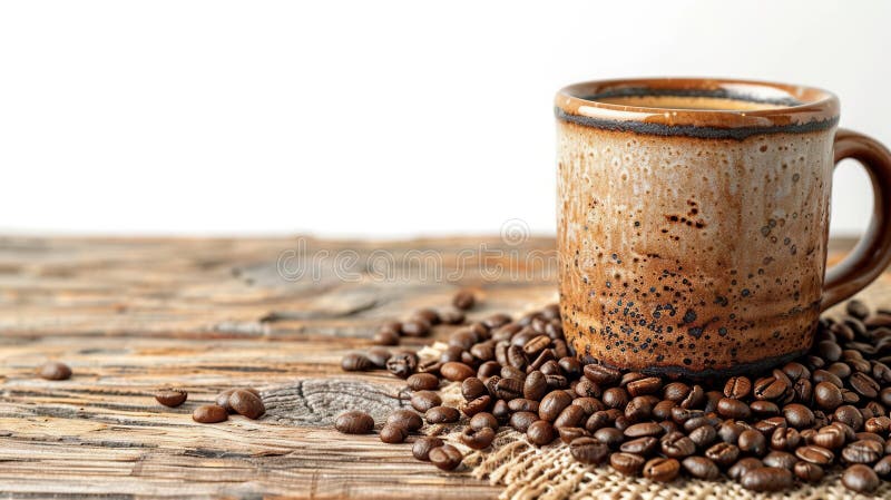 Ein rustikaler Kaffeekrug auf einem Holztisch mit Kaffeebohnen, die auf weißem Hintergrund verstreut liegen, und viel Platz zum Ko. Ein rustikaler Kaffeekrug auf einem Holztisch mit Kaffeebohnen auf weißem Hintergrund abgelegen, viel Platz für Textgenerationen ai