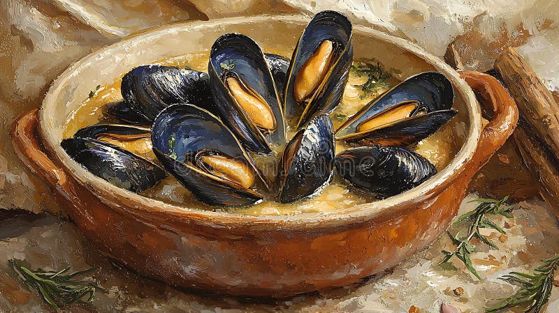 Ein rustikales Stillleben Gemälde von Mussels in einem Creamy Broth stock abbildung