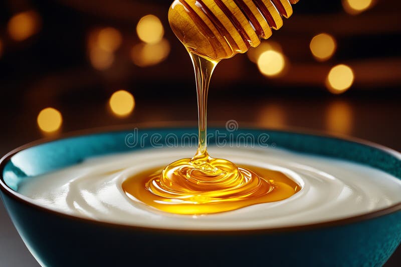 Ein sanftes fokussiertes Foto eines Honigtropfens, der in eine Schüssel Jogurt fällt, wobei der goldene Sirup einen Wirbel in der lizenzfreie abbildung