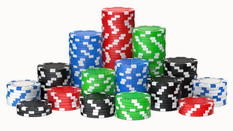 Ein Satz des Pokerchipstapels isoliert auf weißer Wiedergabeillustration des Hintergrunds 3d von Pokerchips als Risikokonzept