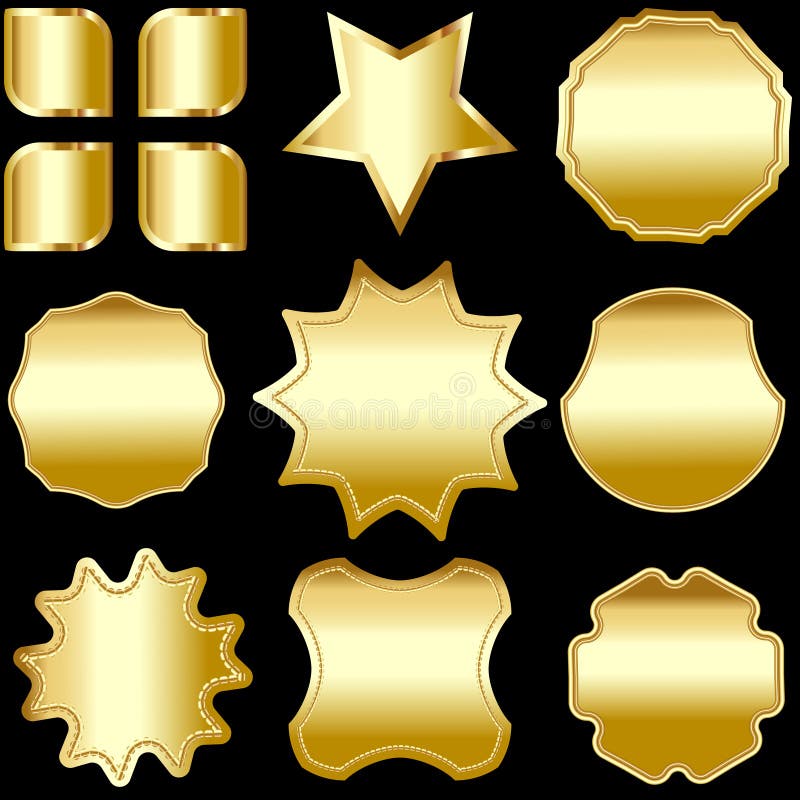 Ein Satz Gold gestaltet wird, die Aufkleber und Schilder deutlich, lokalisiert auf Schwarzem lizenzfreie abbildung Ein Satz Gold gestaltet wird, die Aufkleber und Schilder deutlich, lokalisiert auf Schwarzem lizenzfreie abbildung