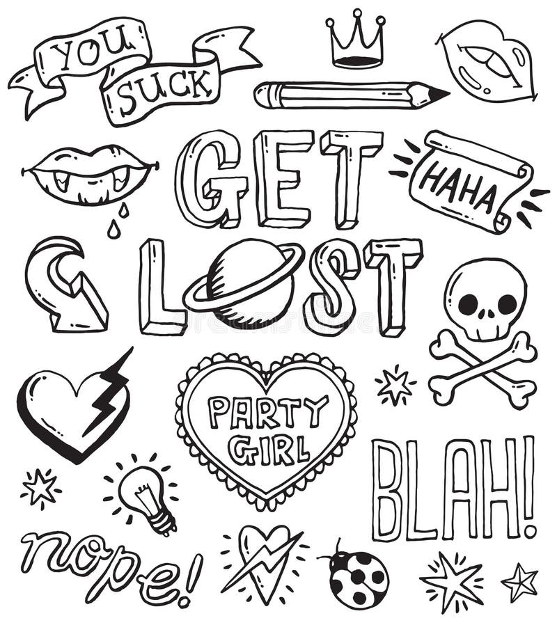 A set of grunge doodles and badges to draw or embroider on to fashion items like denim jackets. Vector illustrations. A set of grunge doodles and badges to draw or embroider on to fashion items like denim jackets. Vector illustrations