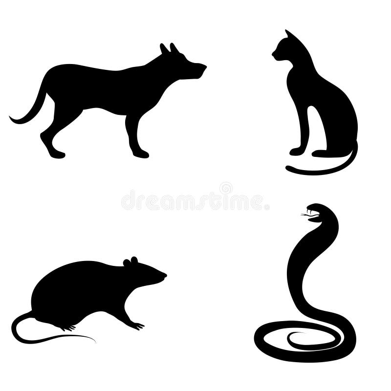 Ein Satz Tierschattenbilder Ein Hund, eine Katze, eine Kobra oder eine Schlange, a stock abbildung Ein Satz Tierschattenbilder Ein Hund, eine Katze, eine Kobra oder eine Schlange, a stock abbildung