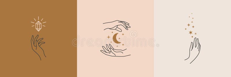 Ein Satz weibliche Handlogos in einer linearen Art Vektorlogo mit verschiedenen Handzeichen, Mond, Sternen und Kristall lizenzfreie abbildung