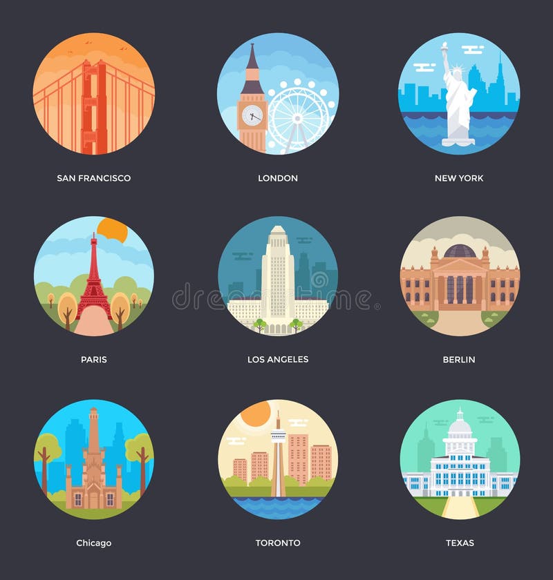 Download Ein Satz Weltstadt-Vektor-Illustrationen Stockfoto - Bild von frankreich, chicago: 106802716