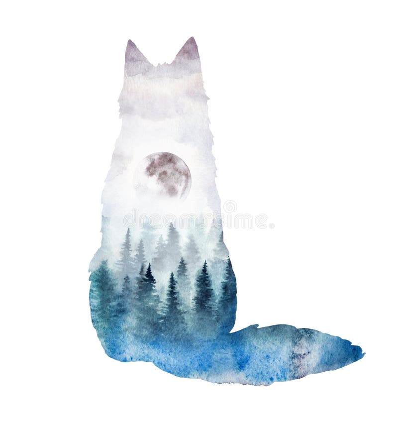Ein Schattenbild eines Fuchses mit Aquarelllandschaft nach innen