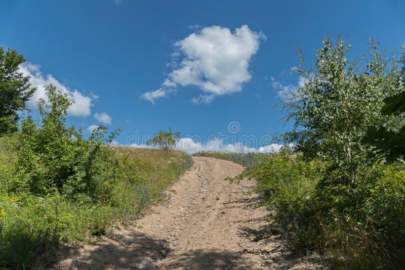 Ein Schotterweg, der einen Hügel unter grünen Büschen und Bäumen gegen einen hellen blauen Himmel mit weißen Wolken führt lizenzfreies stockfoto Ein Schotterweg, der einen Hügel unter grünen Büschen und Bäumen gegen einen hellen blauen Himmel mit weißen Wolken führt lizenzfreies stockfoto