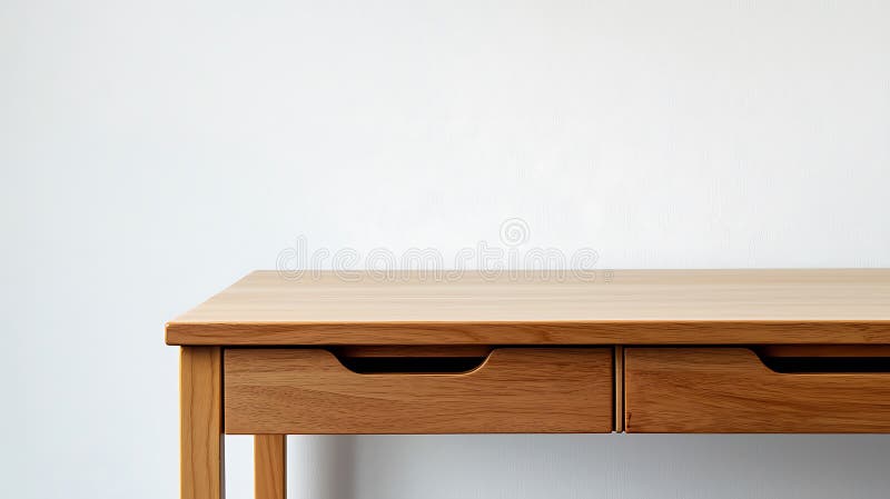 Ein Schreibtisch aus Holz mit Schubladen befindet sich vor einer weißen Wand stockfotos