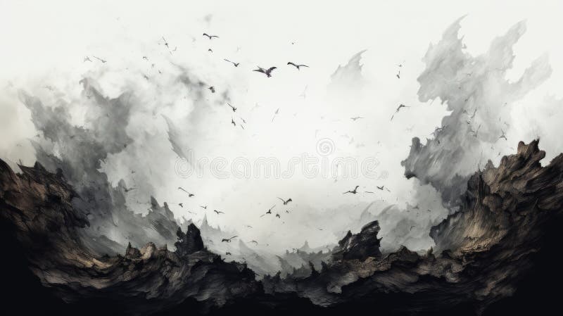Ein Schwarz-Weiß-Bild eines Berges mit Vögeln, die darüber fliegen vektor abbildung