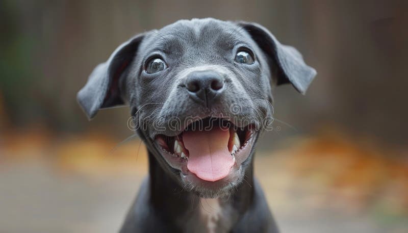 Ein schwarzer Hund mit rosa Zunge lächelt nach einem von mir erzeugten Bild lizenzfreies stockbild