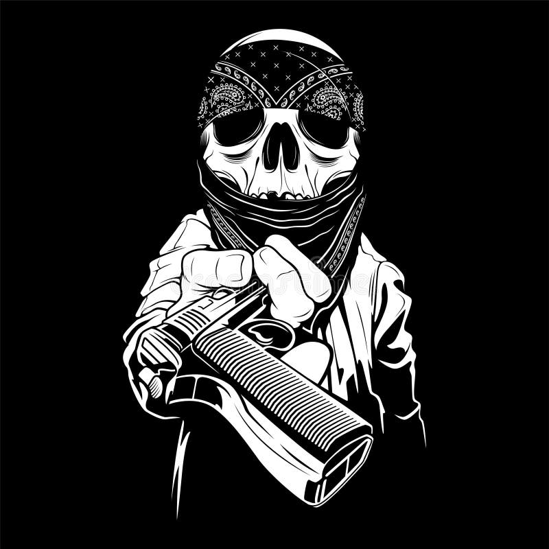 Ein Schädel, der einen Bandana trägt, überreicht ein Gewehr, Vektor stock abbildung Ein Schädel, der einen Bandana trägt, überreicht ein Gewehr, Vektor stock abbildung