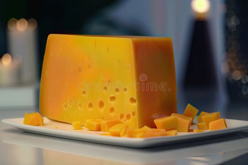 Ein schöner Blick auf ein festes Stück gealterten Cheddar-Käse ist ein herrlicher Anblick stock abbildung
