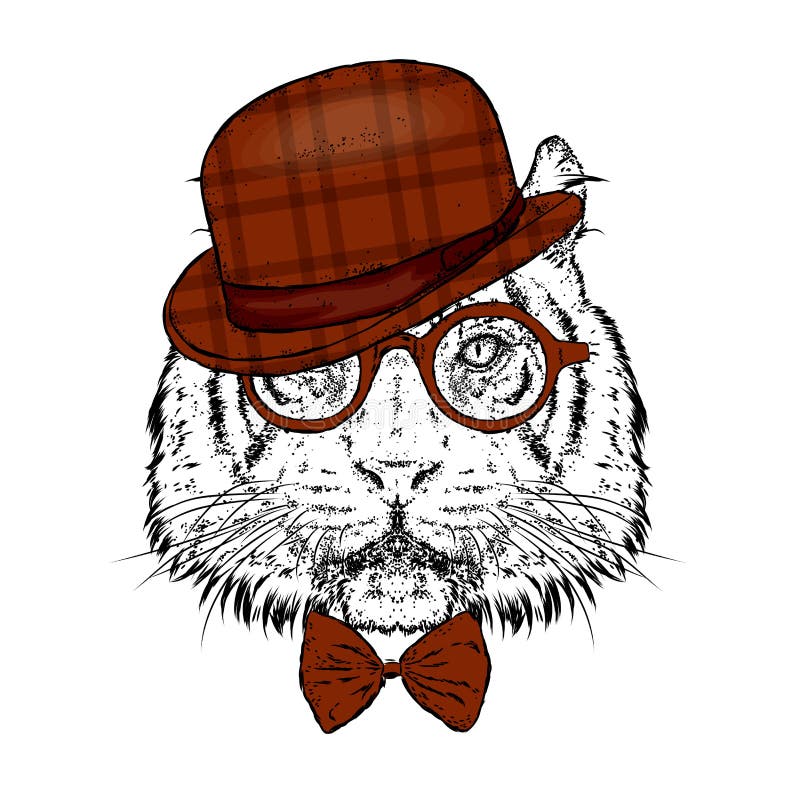 Ein schöner Tiger mit einem Hut und Gläsern Auch im corel abgehobenen Betrag Wildes Tier, Raub lizenzfreie abbildung Ein schöner Tiger mit einem Hut und Gläsern Auch im corel abgehobenen Betrag Wildes Tier, Raub lizenzfreie abbildung