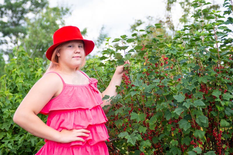 Ein schönes Mädchen in einem hellen Outfit in der Nähe eines roten Johannisbrots. stockbild