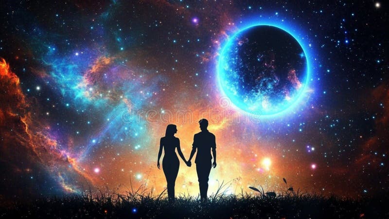 Ein Seelenverwandelungspaar in Liebe, die Hände in einem romantischen kosmischen Universum mit Sternplaneten starren vektor abbildung
