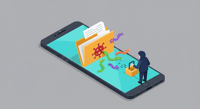 Ein Smartphone zeigt eine Abbildung eines Ordners mit Dokumenten an. Verschiedene bunte lizenzfreie abbildung