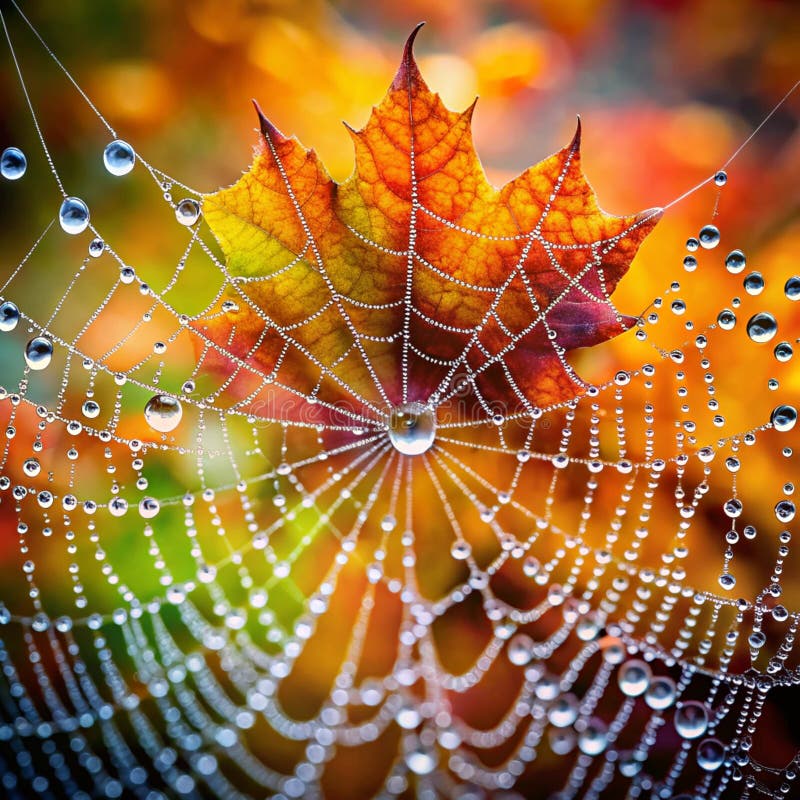 Ein Spinnennetz, das mit Wassertröpfchen gefangen wurde. Ein Spinnennetz, das mit Wassertropfen auf einem farbenfrohen Herbstblatt gefangen wird und eine surreale und zarte Szene schafft