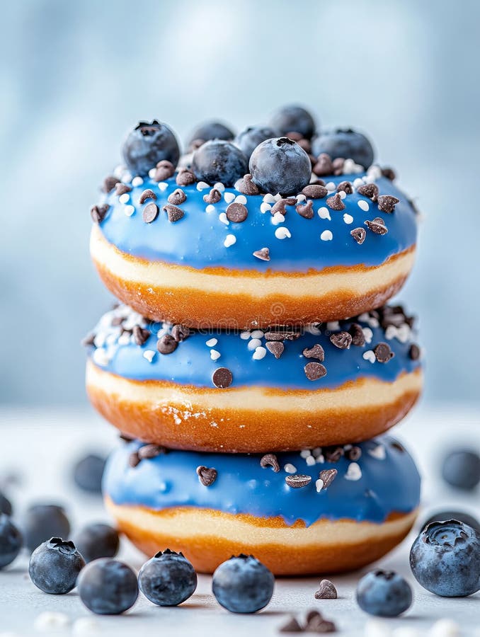 Ein Stapel blauer Donuts mit Schokoladenstückchen und Blaubeeren oben stockfoto