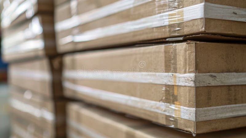 Ein Stapel recycelter Papierboxen, versiegelt mit biologisch abbaubarem Klebeband, das zum Versand an den Endverbraucher bereit is lizenzfreies stockfoto