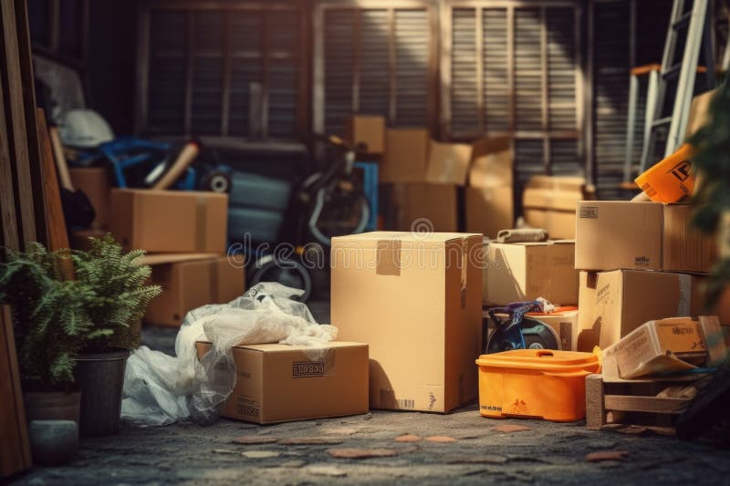 Ein Stapel von Kästen auf dem Boden. Geeignet für logistische Speicherung oder bewegungsbezogene Konzepte. AI generiert
