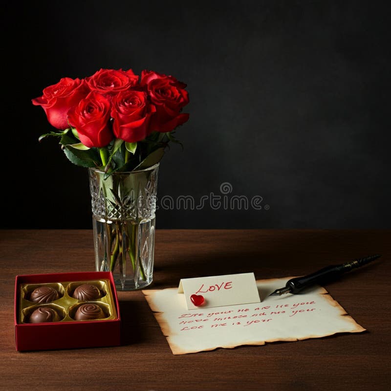 Ein Strauß roter Rosen Rosa spp. ist in einer klaren Vase aus dekorativem Glas angeordnet stock abbildung