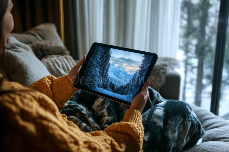Ein Strickpullover trägt eine Person entspannt sich auf einem warmen Sofa, das eine Tablette im Portraitmodus hält, während sie in. Mit einem Strickpullover entspannt sich eine Person auf einem warmen Sofa, das eine Tablette im Portraitmodus hält, die in einem Film eingefasst ist, während sie in einer Decke verpackt ist. Der Rahmen ist gemütlich und einladend. AI generiert